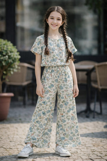 Girls cream floral printed co-ord set with wide-leg pants, casual cotton summer Pakistan outfit 