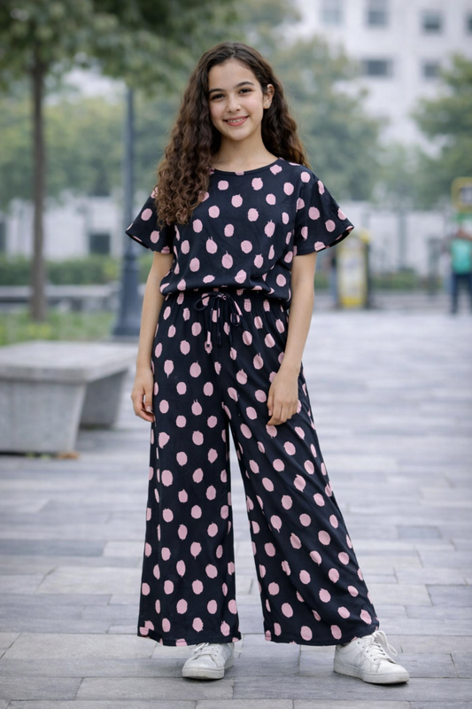 Black cotton girls co-ord set with pink polka dots, short sleeve top and wide-leg pants,Pakistan