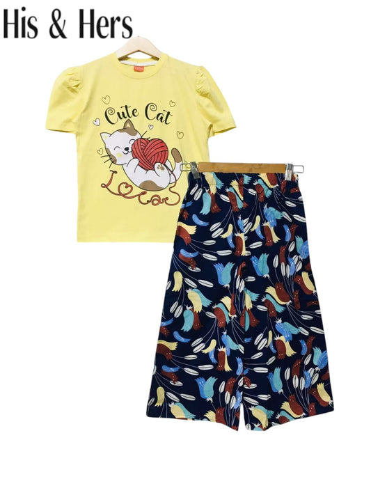 Cute Cat Kid's Yellow T-Shirt & Cotton Flapper Girls 306