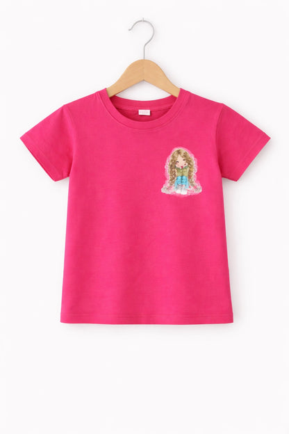 Girls bright pink cotton t-shirt with cute doll graphic print on chest, Pakistan casual short sleeve summer Kidswear 