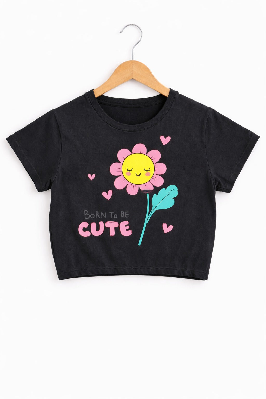Girls black cotton crop t-shirt with cute flower graphic and “Born To Be Cute” text print, Pakistan casual summer Kidswear 
