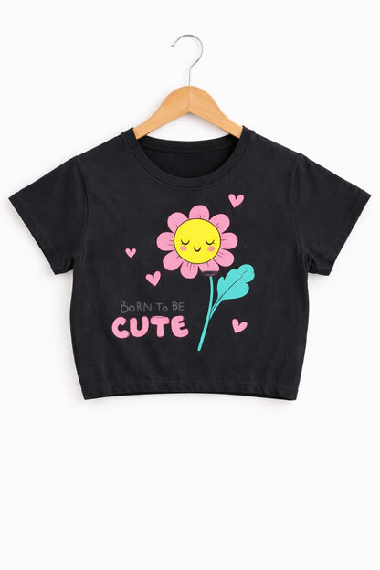 Girls black cotton crop t-shirt with cute flower graphic and “Born To Be Cute” text print, Pakistan casual summer Kidswear 
