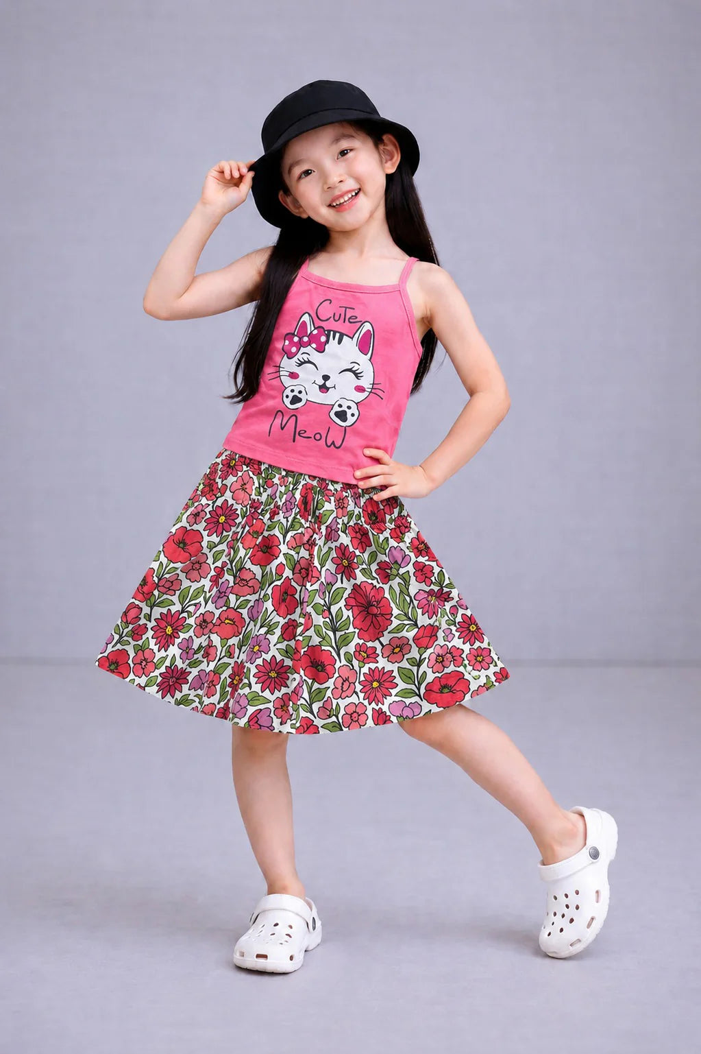 [Cute Meow] Printed Light Pink  Girls Top & Skirt 705