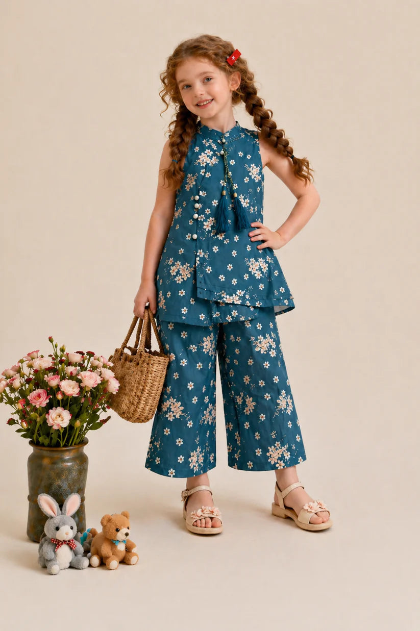 Girls teal floral lawn kurti with pants kids outfit Pakistan