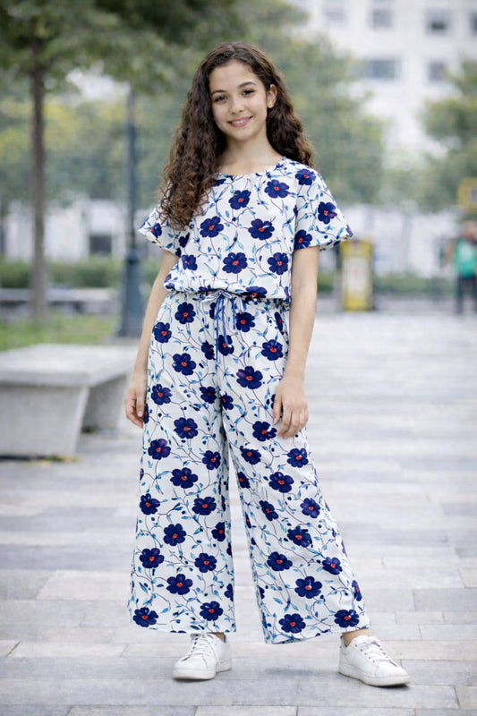 Girls white cotton co-ord set with dark blue floral pants kids outfit Pakistan