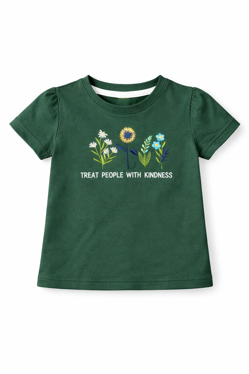 Dark green girls puff sleeve t-shirt with floral “Treat People With Kindness” print in Pakistan.
