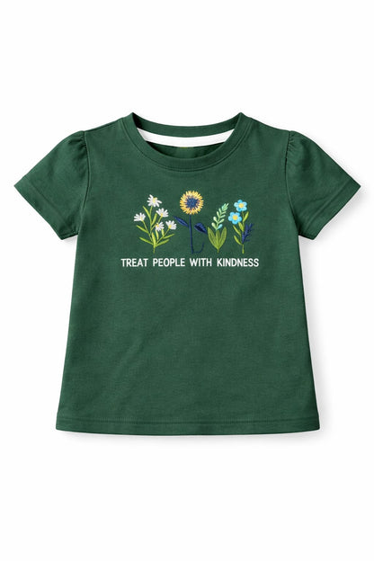 Dark green girls puff sleeve t-shirt with floral “Treat People With Kindness” print in Pakistan.
