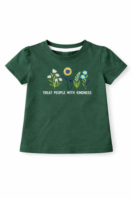 Dark green girls puff sleeve t-shirt with floral “Treat People With Kindness” print in Pakistan.
