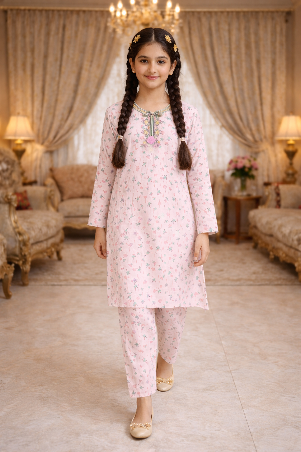 Light pink floral cotton 2-piece outfit for girls with long kurti and straight pants, traditional indoor setting Pakistan
