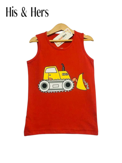 Digger Print Sleeveless Red T-Shirt Boys 215