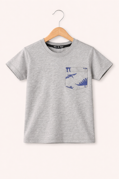 Dino Printed on Pocket grey  Boys T-Shirt 286