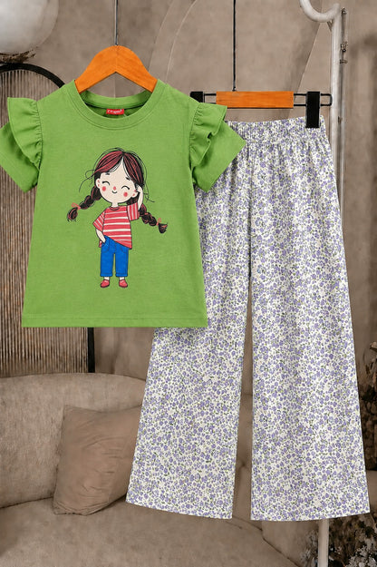 Doll Printed Light Green T-shirt & Cotton Flapper 601