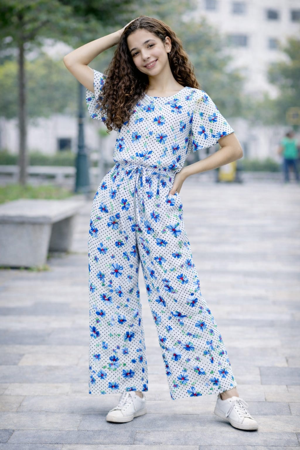 Girls white cotton co-ord set with blue floral print pants kids outfit Pakistan