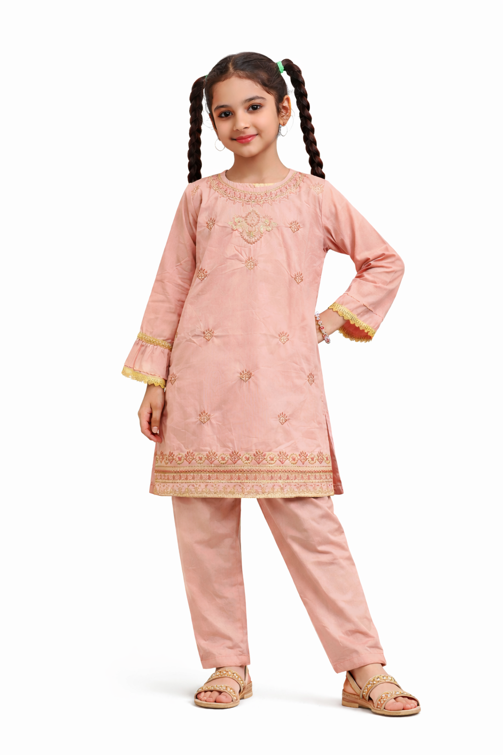 Light pink cotton 2-piece girls outfit with embroidered kurti and straight pants, studio background Pakistan
