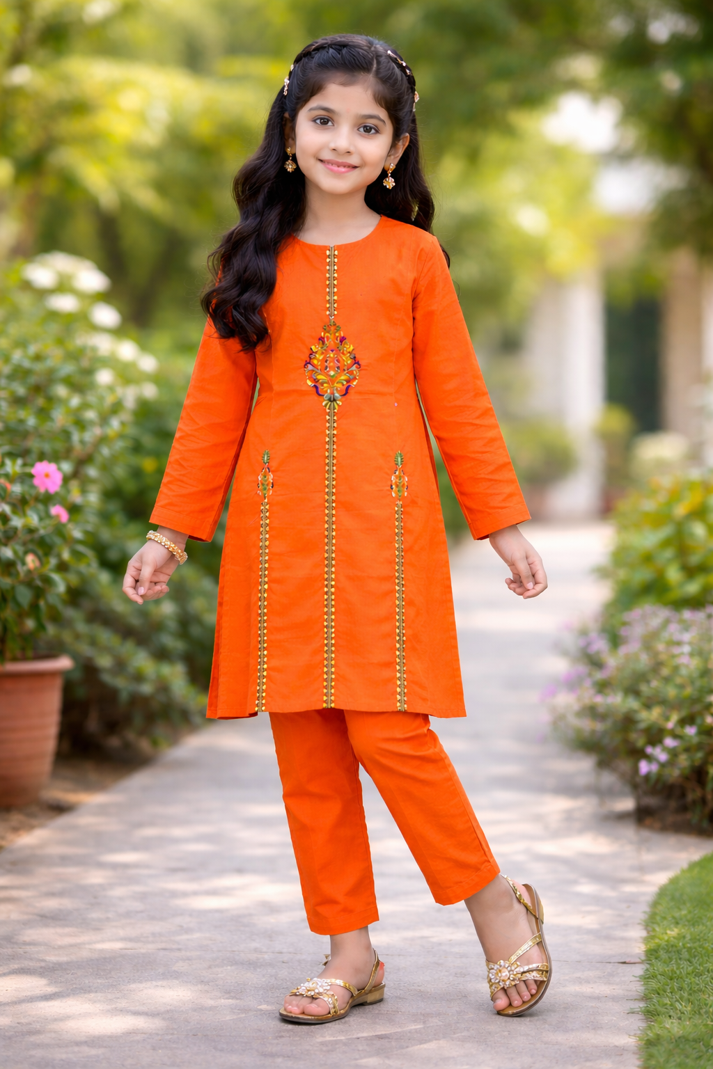 Bright orange cotton 2-piece outfit for girls with embroidered kurti and straight pants, Pakistan OutFits
