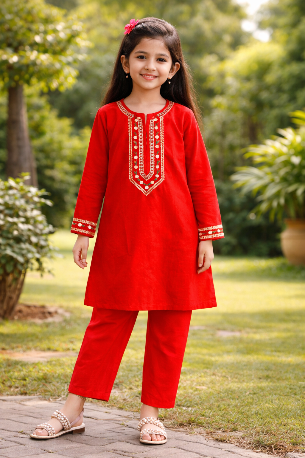 Red cotton 2-piece girls outfit with embroidered kurti and straight pants,  Pakistan OutFits
