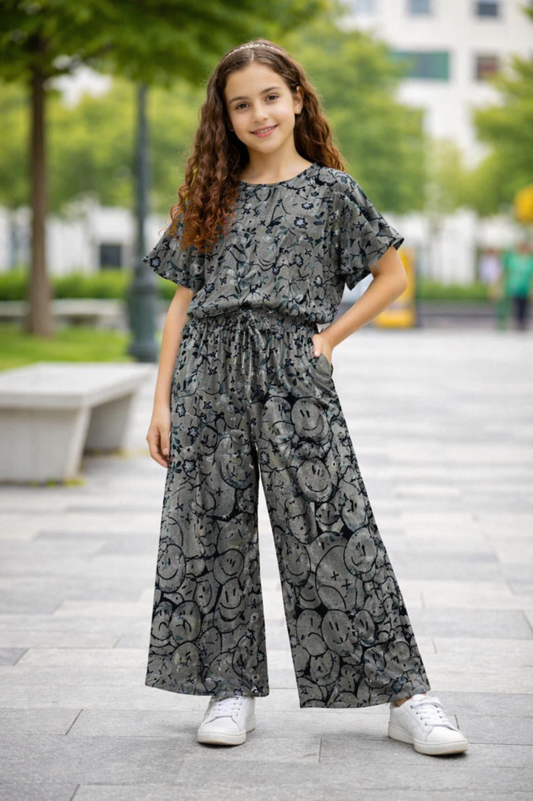 Emoji Allover Print Grey Cotton Girls Co-Ord Set 231