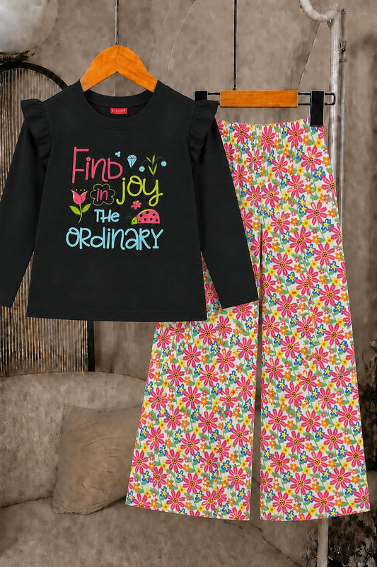 [Find  Joy In The Ordinary] Printed Black Girls  T-shirt & Cotton Flapper