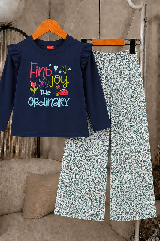 [Find  Joy In The Ordinary] Printed Navy Girls  T-shirt & Cotton Flapper