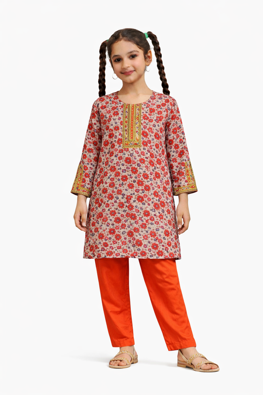 Beige floral printed cotton 2-piece outfit for girls with embroidered neckline kurti and red straight pants Pakistan
