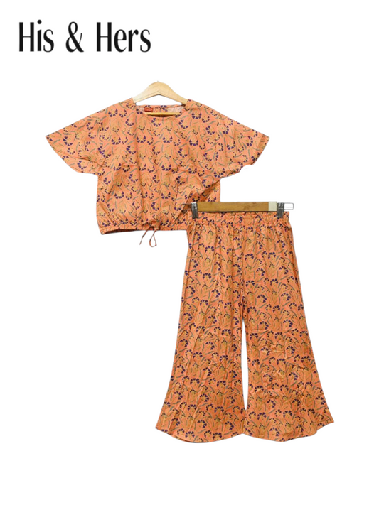 Floral Print Orange Cotton Girls Co-Ord Set 525