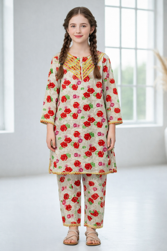 Cream floral cotton 2-piece girls outfit with red rose print and embroidered kurti, Pakistan Out-
Fits