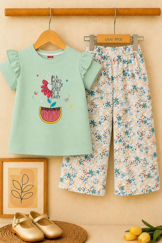[Flower] Printed Light  Blue Girls  T-shirt & Cotton Flapper