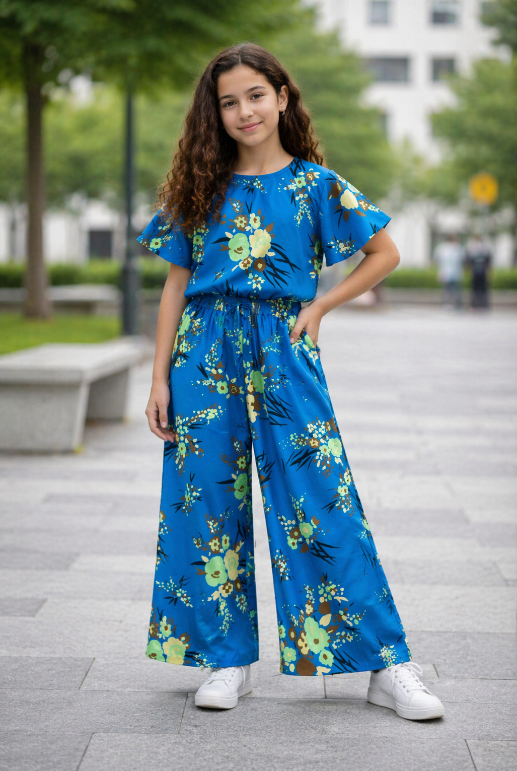 Flowers Allover Print Blue Cotton Girls Co-Ord Set 235