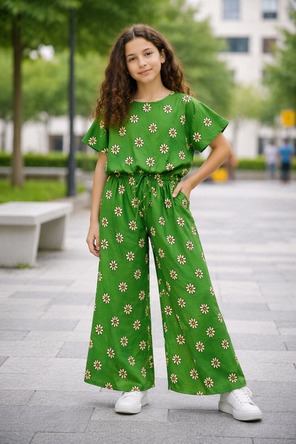 Flowers Allover Print Green Cotton Girls Co-Ord Set 235
