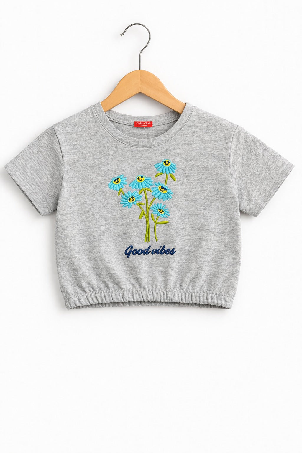 Girls grey cotton crop t-shirt with blue flower embroidery and “Good vibes” text print, Pakistan casual summer Kidswear 