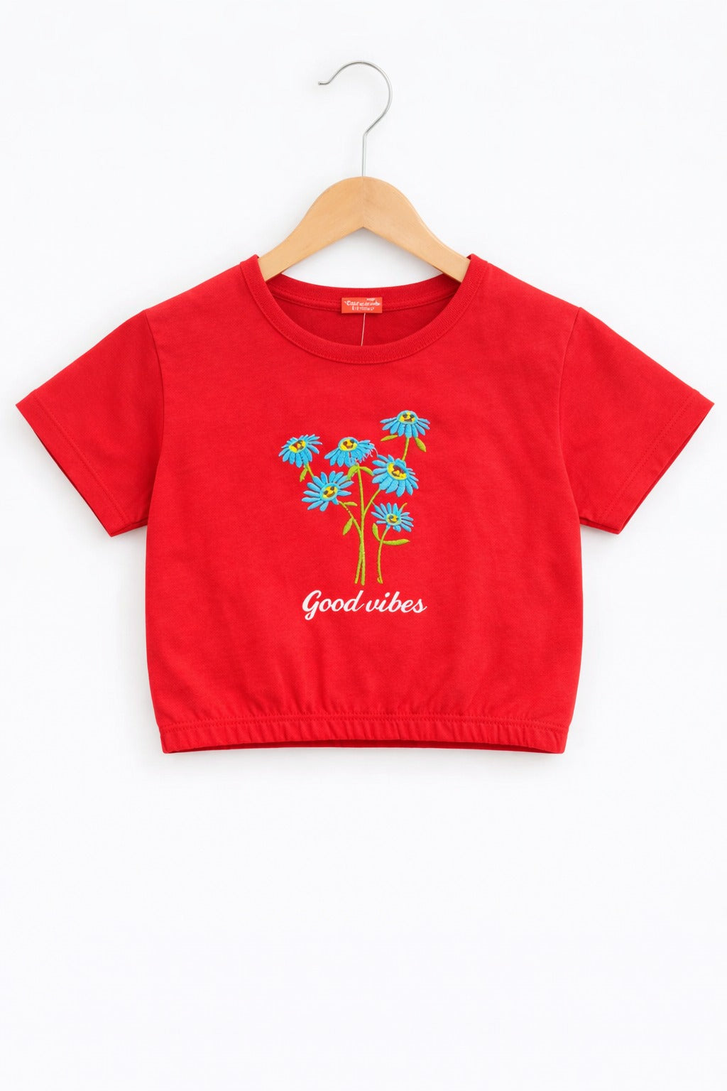 Girls red cotton crop t-shirt with blue flower embroidery and “Good vibes” text print, Pakistan casual summer Kidswear 