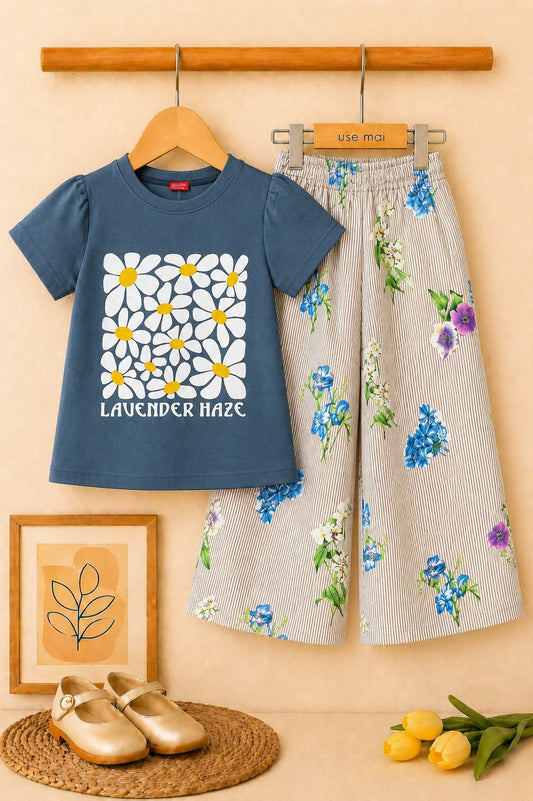 [Flowers ] Printed Dusty Blue Girls  T-shirt & Cotton Flapper