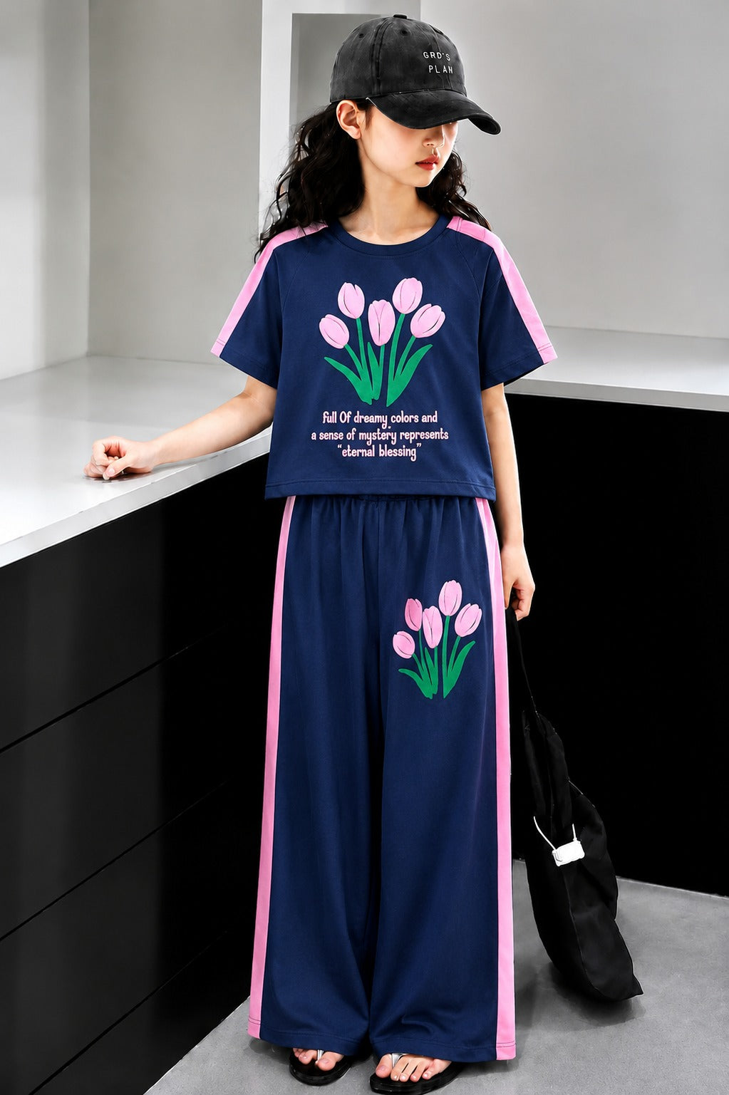Navy blue floral girls’ co-Ord set with wide-leg pants outfit for kids in Pakistan.
