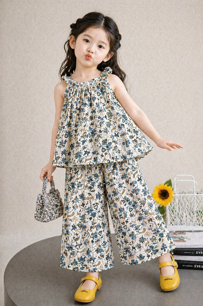 Girls beige blue floral cotton sleeveless top with pants kids outfit Pakistan
