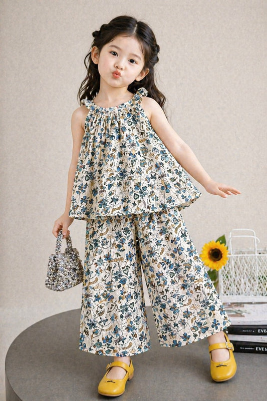 Girls beige blue floral cotton sleeveless top with pants kids outfit Pakistan
