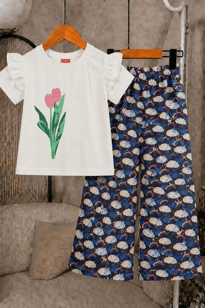Flowers Printed White Girls T-Shirt &Cotton Flapper 712