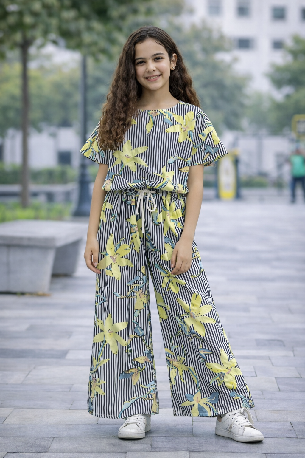 Grey and white striped cotton girls co-ord set with yellow floral print, short sleeve top and wide-leg pants,Pakistan 