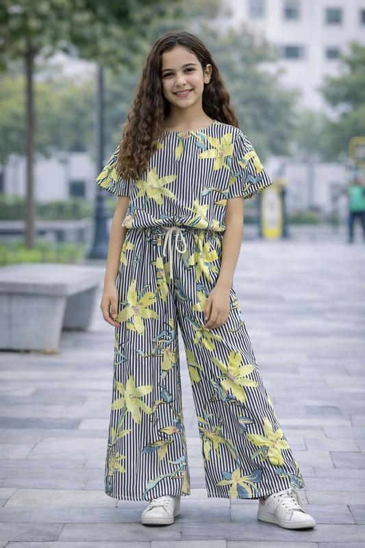 Grey and white striped cotton girls co-ord set with yellow floral print, short sleeve top and wide-leg pants,Pakistan 
