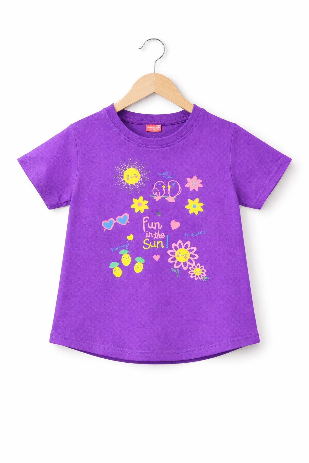 Girls purple cotton t-shirt with “Fun in the Sun” graphic print featuring flowers, birds and hearts, Pakistan Casual Summer Kidswear 