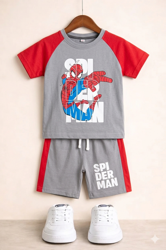 [Spiderman] Printed  Red & Grey  T-Shirt Nicker Suit 416