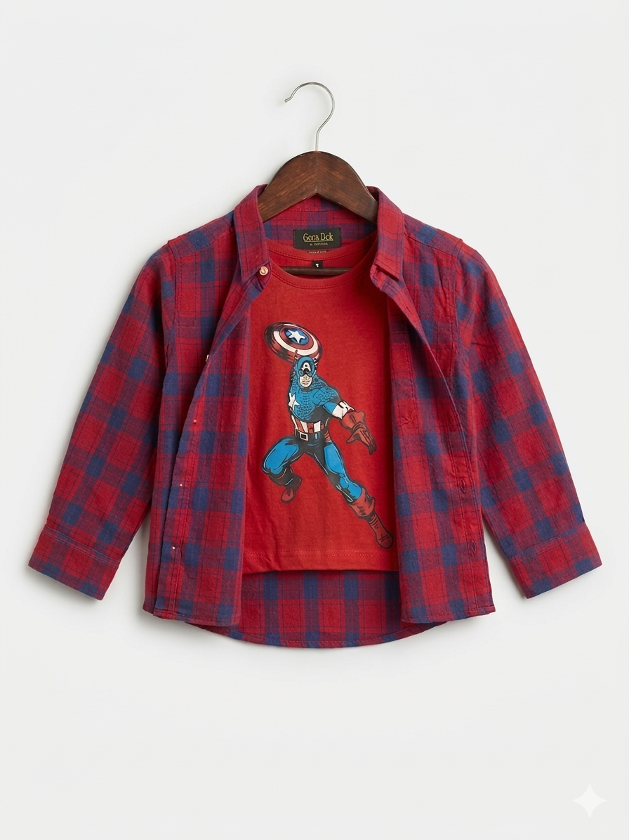 Navy Checked Captain America Printed Red  Boys Layered Casual Shirt 284