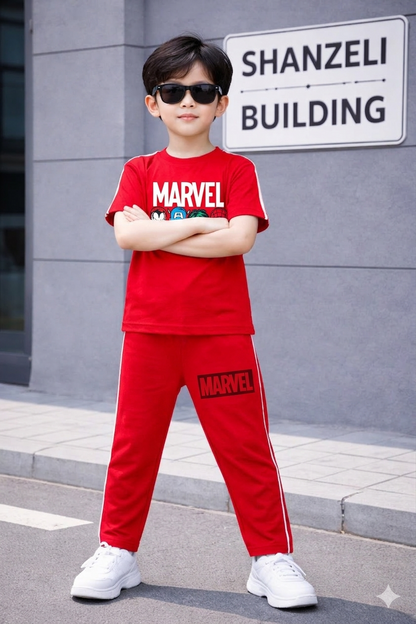 White [Marvel ] Printed Red T-Shirt &Trousers Boys 416