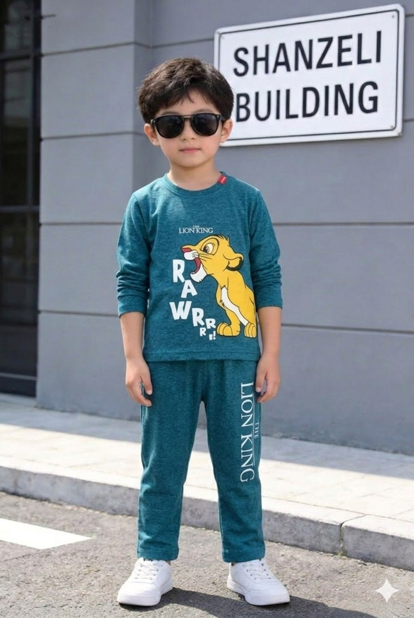 Yellow Simba  Printed mid blue  T-Shirt &Trousers Boys