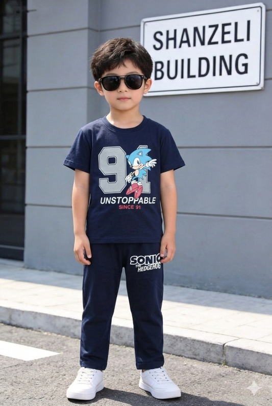 91 Sonic Printed black T-Shirt &Trousers Boys