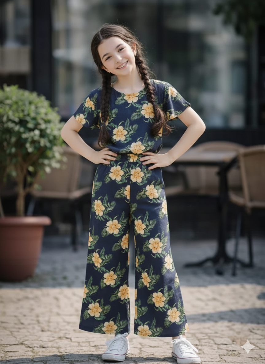 Golden Flowers All Over Print Black  Cotten Girls Co-Oder Set 229