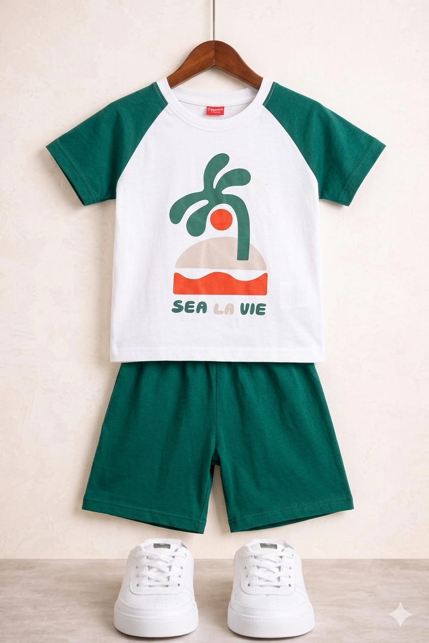 Sea La Vie  Printed Green & White Nicker Suit Boys 209