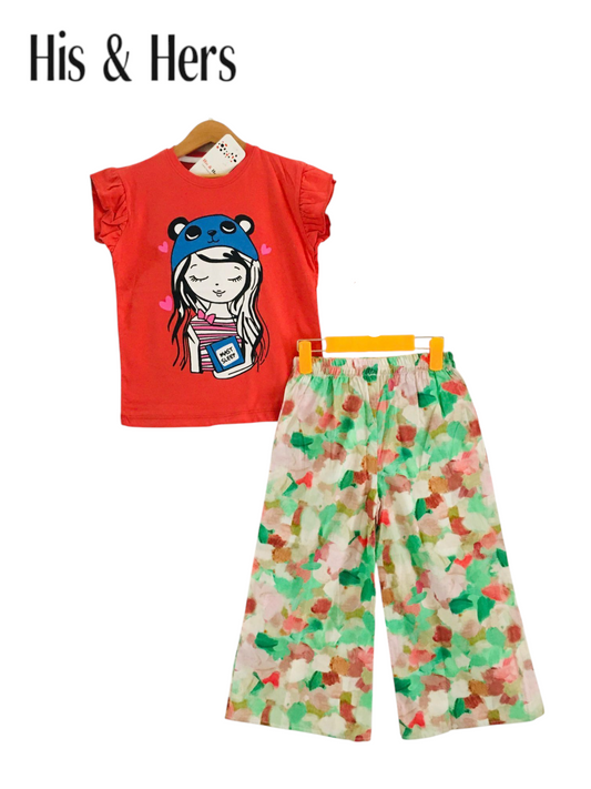 Red cotton girls co-ord set with cartoon print short sleeve T-shirt and multicolor abstract wide-leg pants, Pakistan
