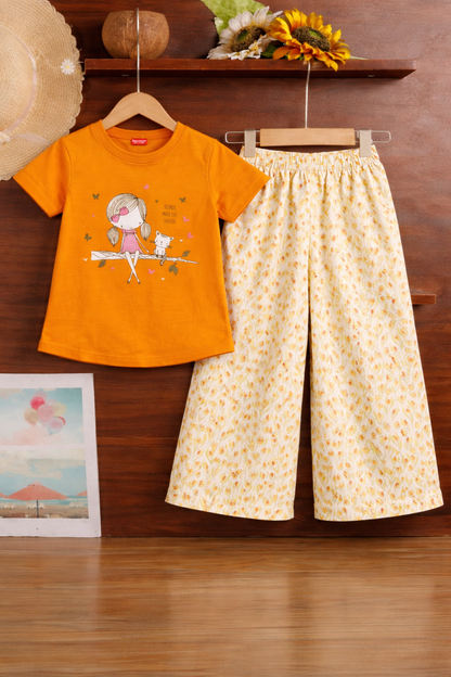 Girls orange graphic cotton t-shirt with yellow floral pants kids outfit Pakistan
