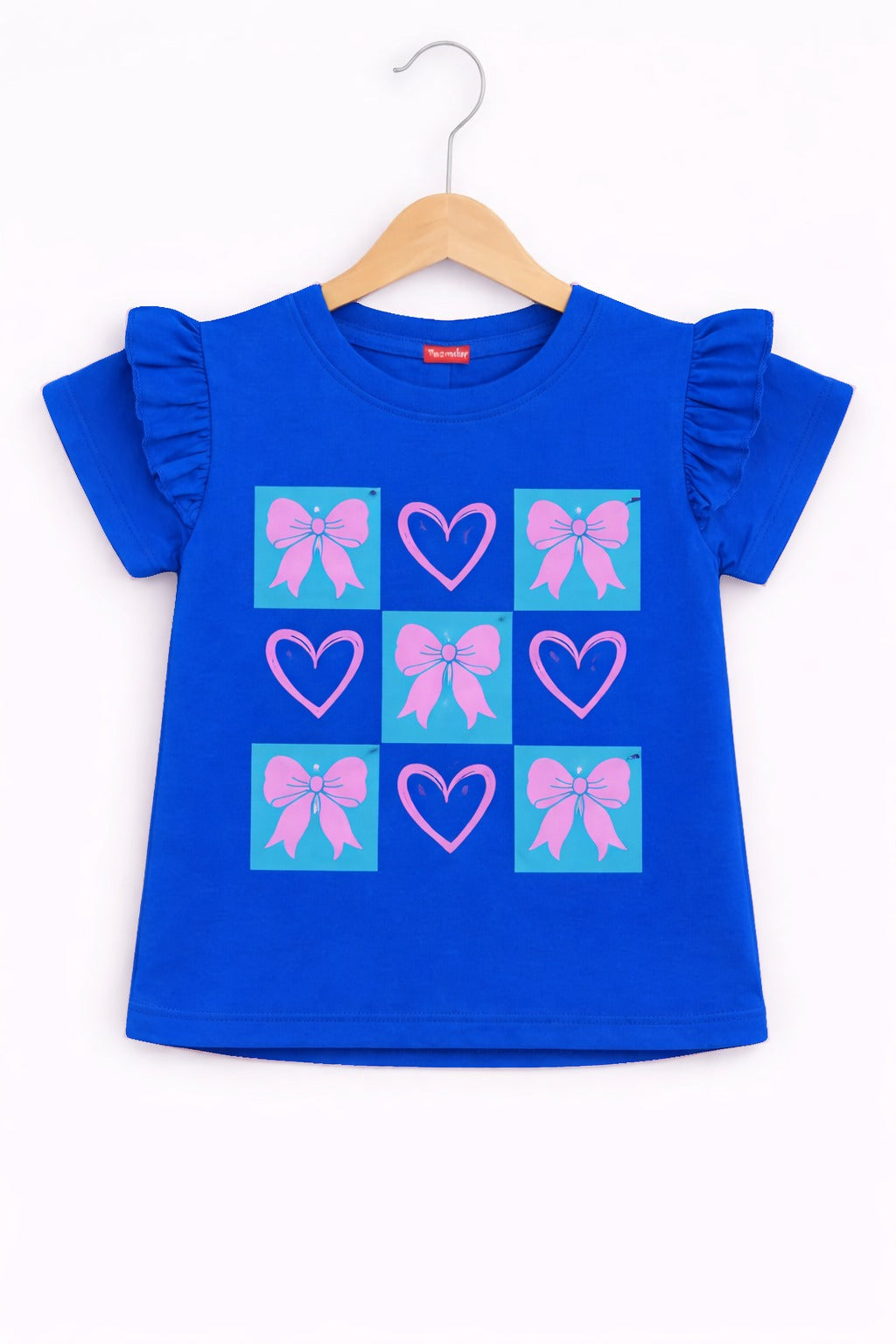Girls royal blue cotton t-shirt with pink bow and heart graphic print, frill sleeve  Pakistan casual summer Kidswear 