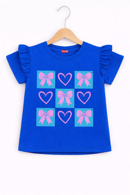 Girls royal blue cotton t-shirt with pink bow and heart graphic print, frill sleeve  Pakistan casual summer Kidswear 